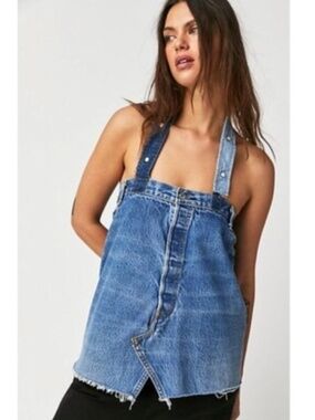 Free People X Tricia Fix Reworked Denim Denim Tank Top with Corset Tie Back